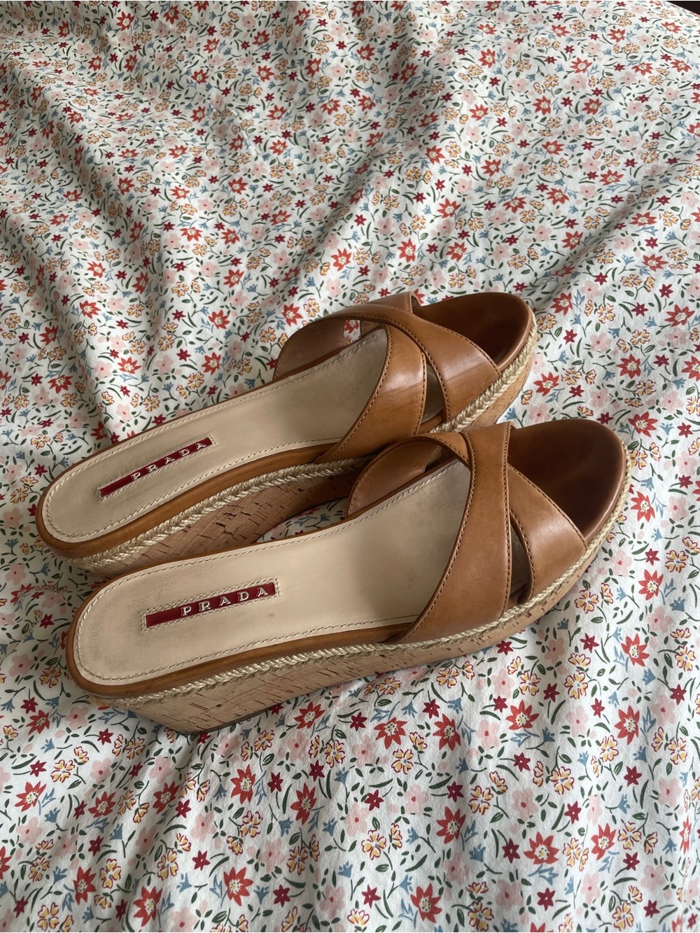 Y2K Vintage Prada Tan Leather Cork Wedge Slide Sandals Size 36 - Picture 4 of 7